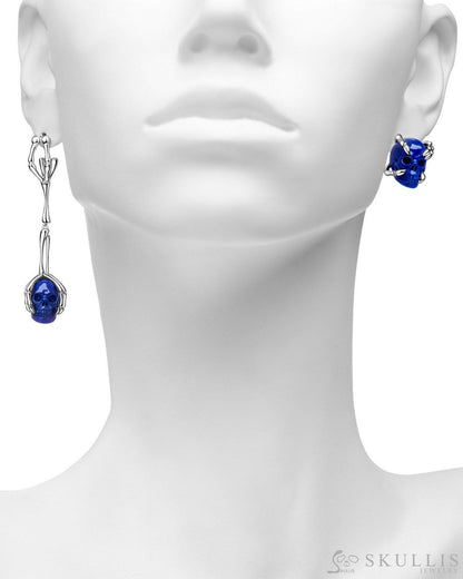 Gem Skull Earrings of Lapis Lazuli Carved Skull in 925 Sterling Silver Skull Earrings