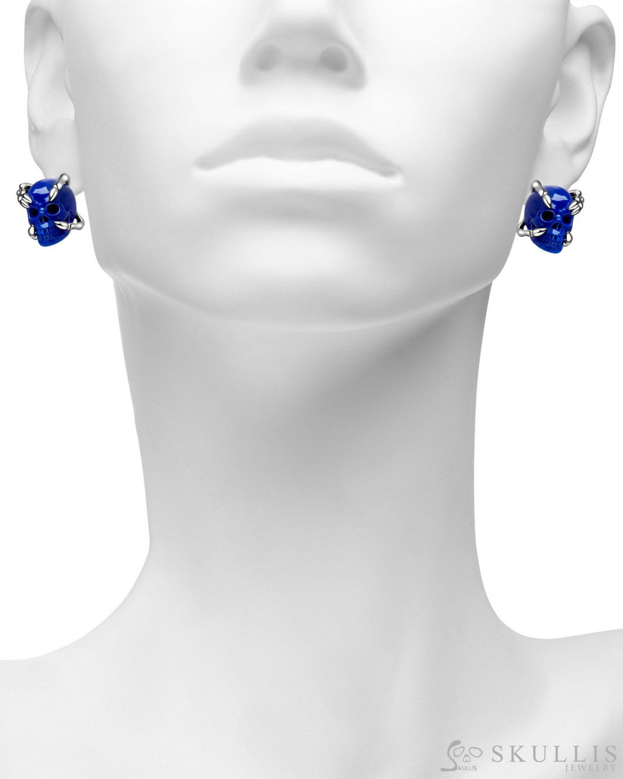 Gem Skull Earrings of Lapis Lazuli Carved Skull in 925 Sterling Silver Skull Earrings