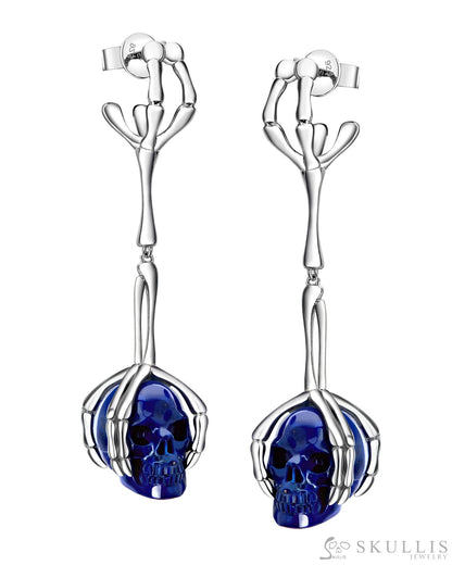 Gem Skull Earrings of Lapis Lazuli Carved Skull in 925 Sterling Silver Skull Earrings