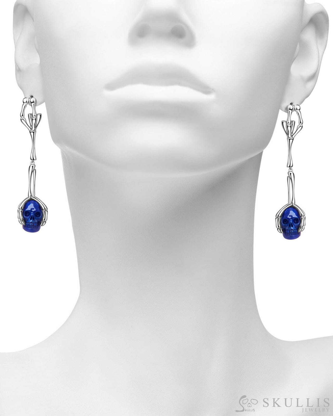Gem Skull Earrings of Lapis Lazuli Carved Skull in 925 Sterling Silver Skull Earrings