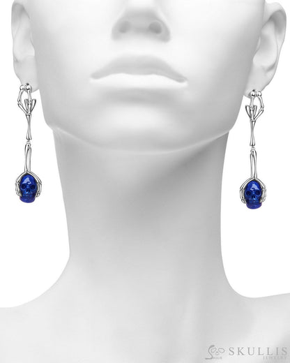 Gem Skull Earrings of Lapis Lazuli Carved Skull in 925 Sterling Silver Skull Earrings