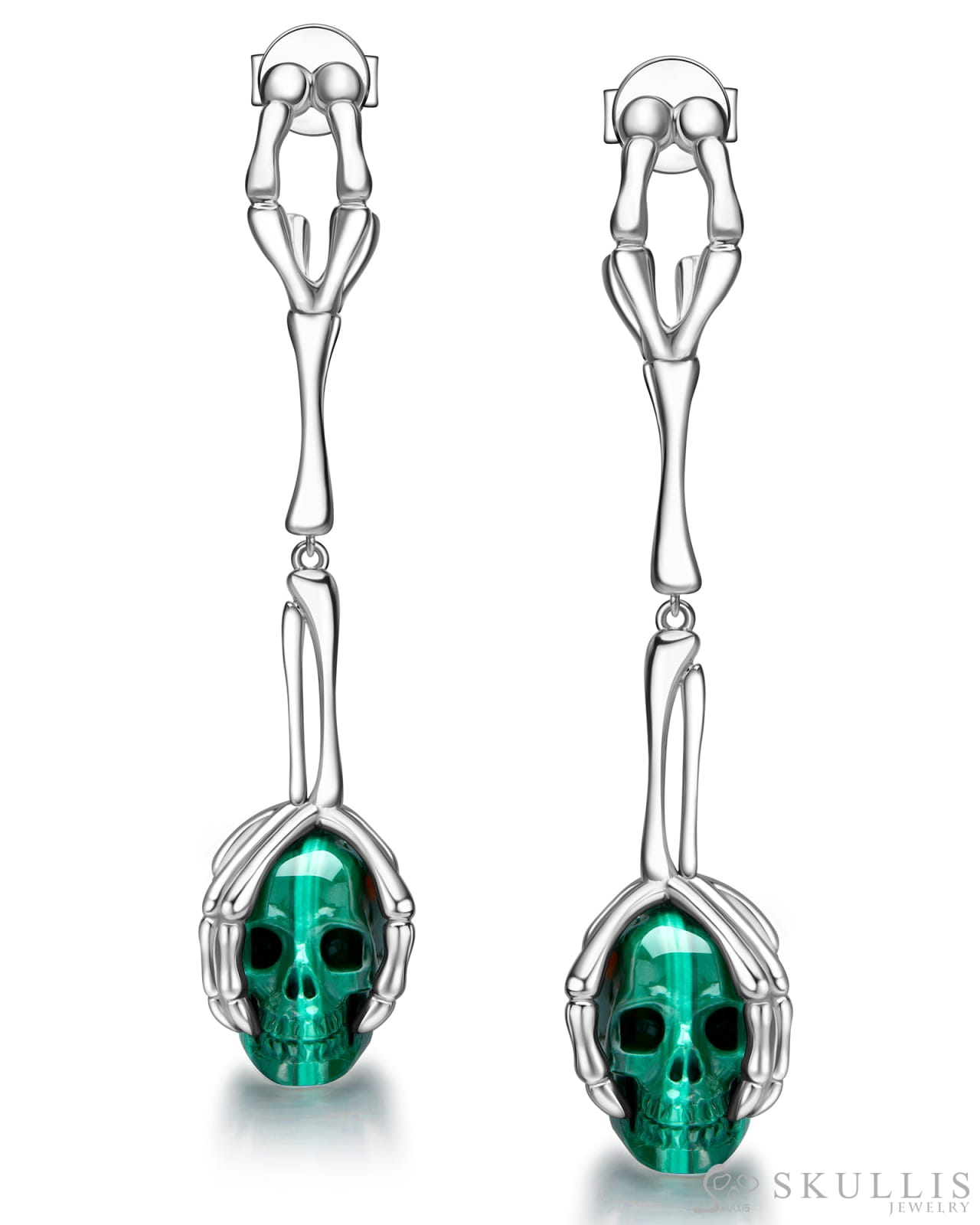 Gem Skull Earrings of Malachite Carved Skull 925 Sterling Silver Skull Earrings