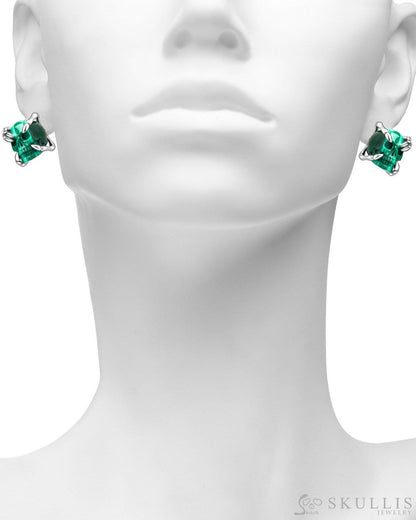 Gem Skull Earrings of Malachite Carved Skull 925 Sterling Silver Skull Earrings