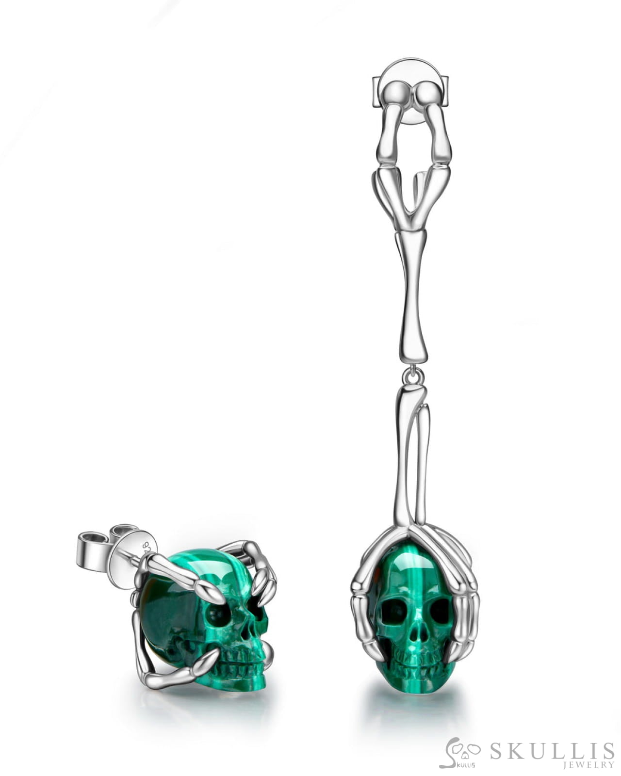Skeleton’s Touch-Gem Skull Earrings of Malachite Carved Skull 925 Sterling Silver Skull Earrings