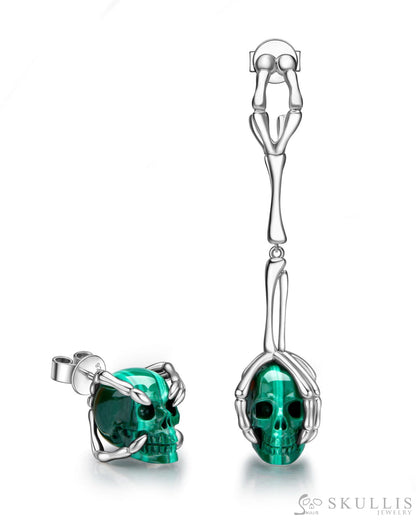Skeleton’s Touch-Gem Skull Earrings of Malachite Carved Skull 925 Sterling Silver Skull Earrings