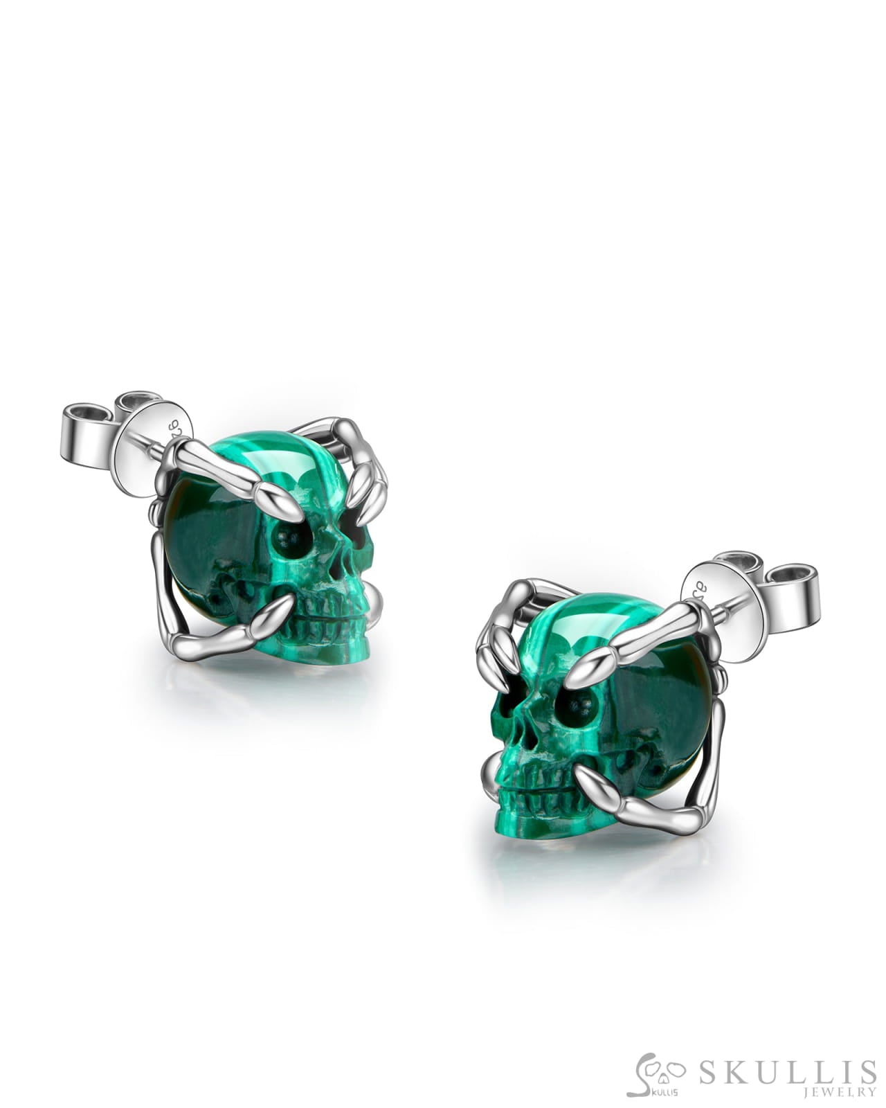 Gem Skull Earrings of Malachite Carved Skull 925 Sterling Silver Skull Earrings