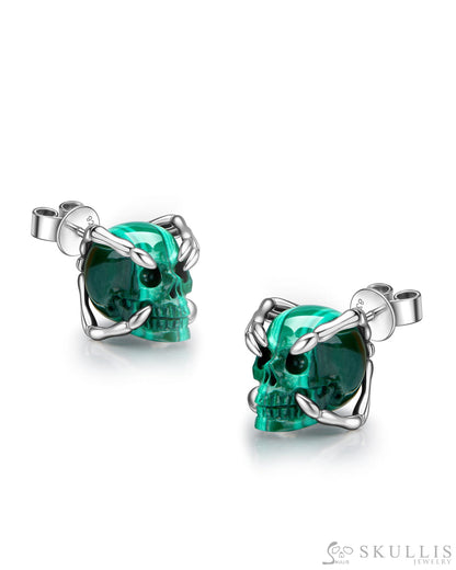 Gem Skull Earrings of Malachite Carved Skull 925 Sterling Silver Skull Earrings