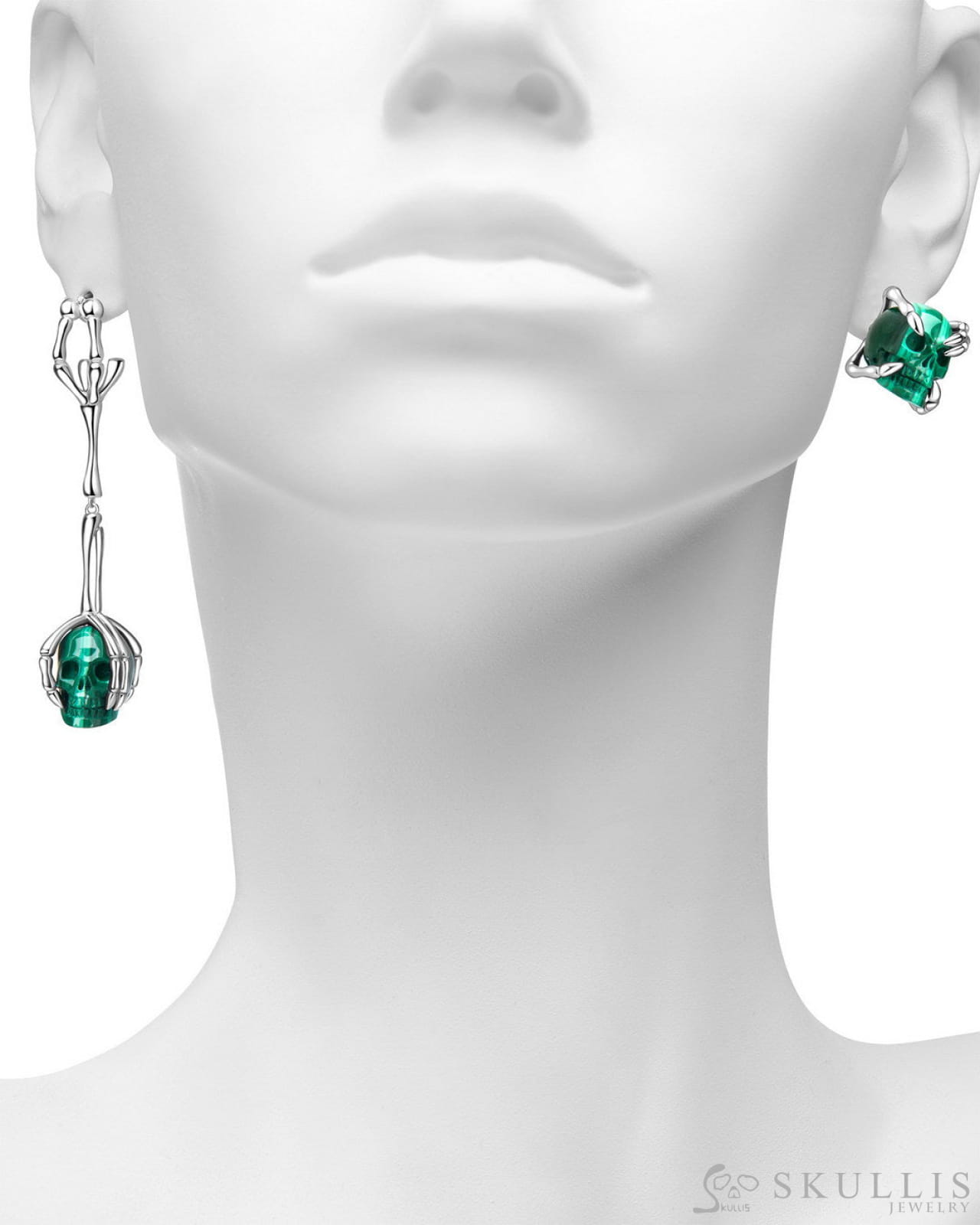 Gem Skull Earrings of Malachite Carved Skull 925 Sterling Silver Skull Earrings