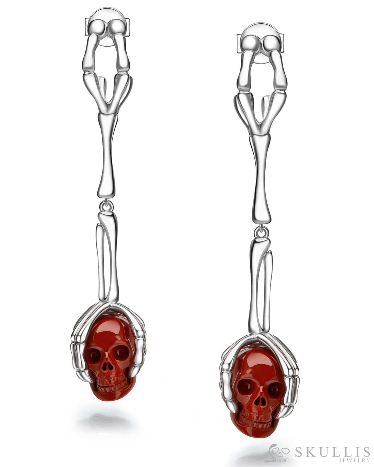 Gem Skull Earrings of Red Jasper Carved Skull in 925 Sterling Silver Skull Earrings