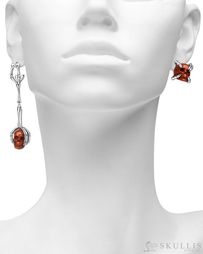 Gem Skull Earrings of Red Jasper Carved Skull in 925 Sterling Silver Skull Earrings