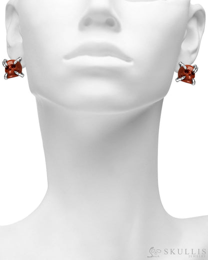 Gem Skull Earrings of Red Jasper Carved Skull in 925 Sterling Silver Skull Earrings