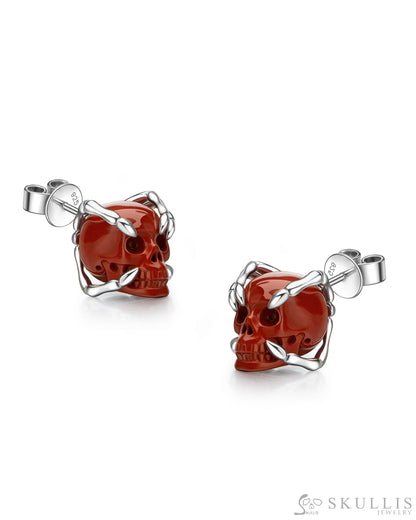 Gem Skull Earrings of Red Jasper Carved Skull in 925 Sterling Silver Skull Earrings