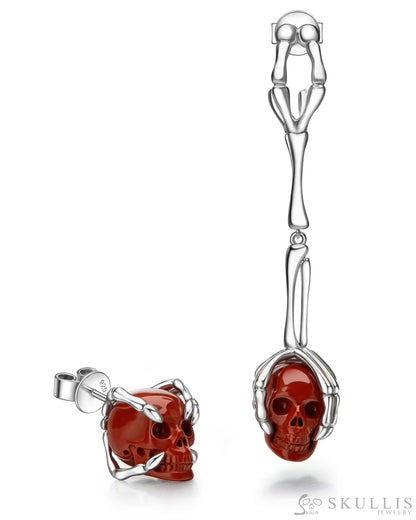 Skeleton’s Touch-Gem Skull Earrings of Red Jasper Carved Skull in 925 Sterling Silver Skull Earrings