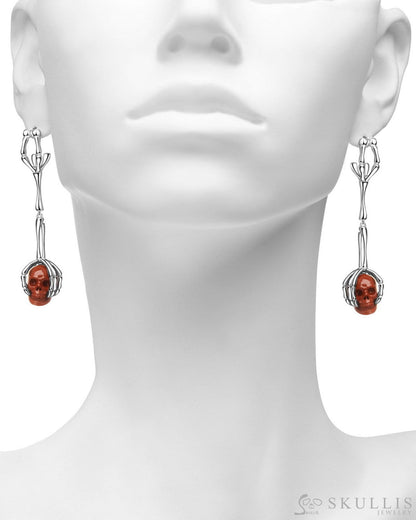 Gem Skull Earrings of Red Jasper Carved Skull in 925 Sterling Silver Skull Earrings