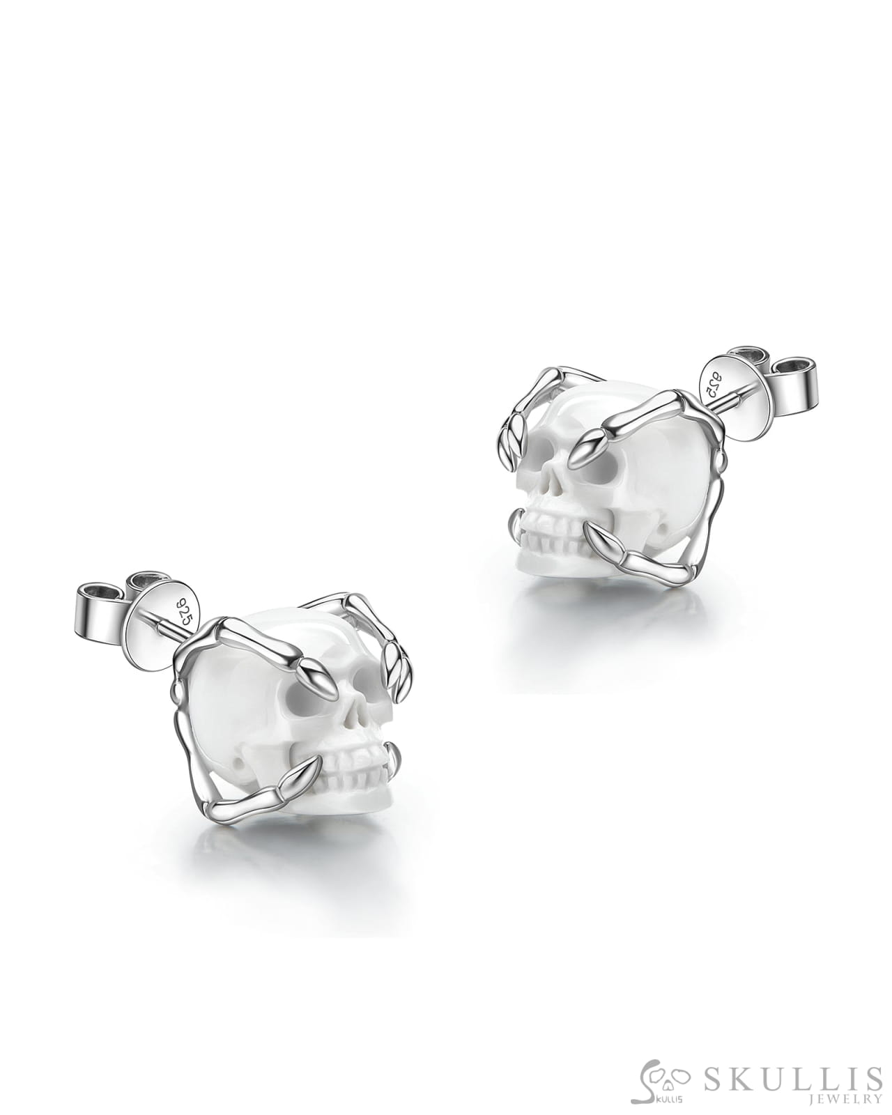 Gem Skull Earrings of White Jasper Carved Skull in 925 Sterling Silver Skull Earrings