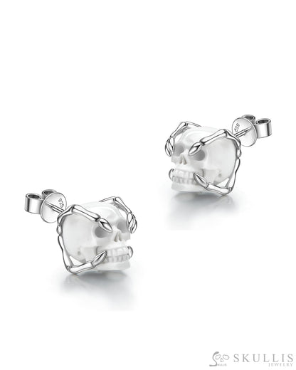 Gem Skull Earrings of White Jasper Carved Skull in 925 Sterling Silver Skull Earrings