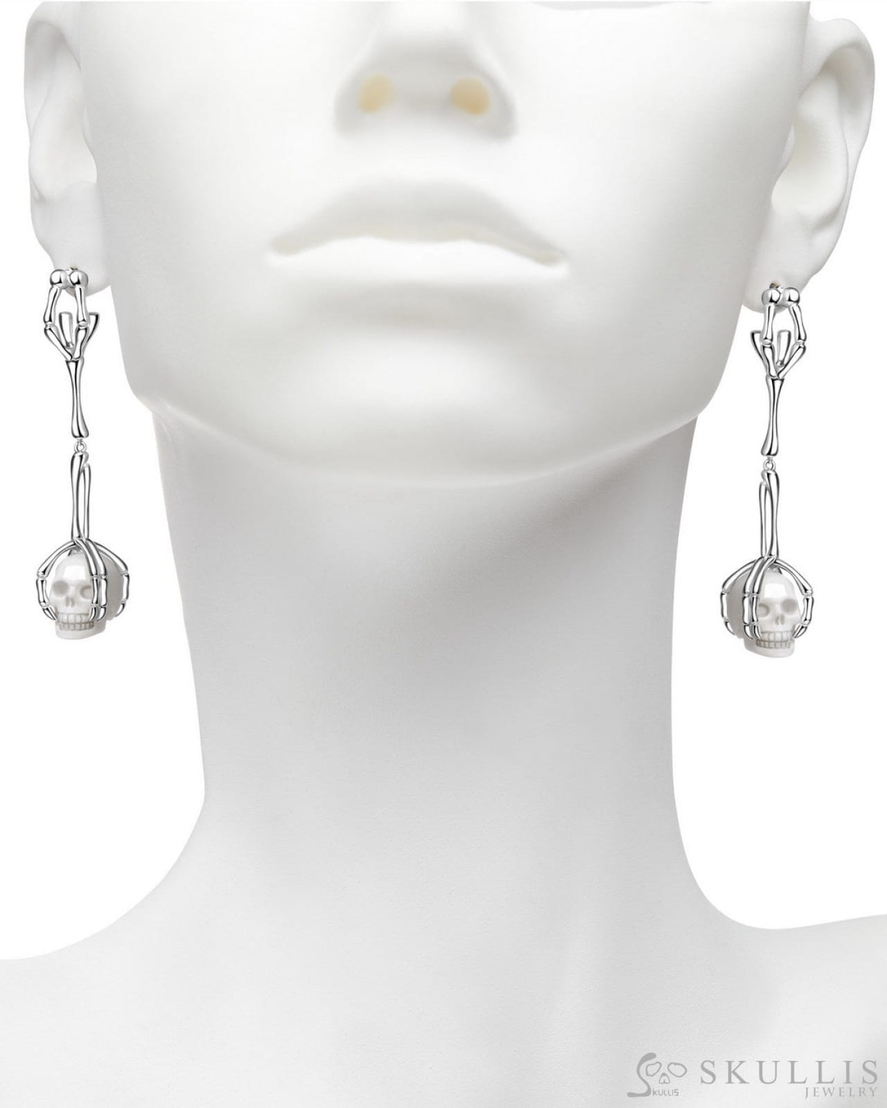 Gem Skull Earrings of White Jasper Carved Skull in 925 Sterling Silver Skull Earrings
