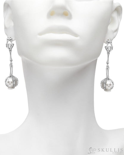 Gem Skull Earrings of White Jasper Carved Skull in 925 Sterling Silver Skull Earrings