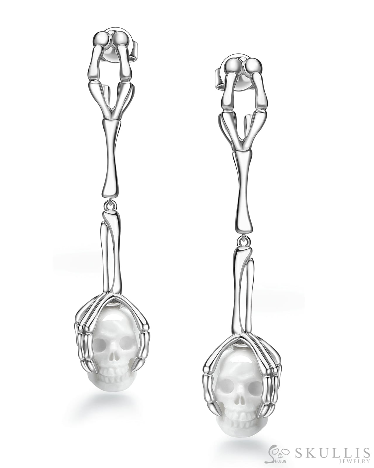 Gem Skull Earrings of White Jasper Carved Skull in 925 Sterling Silver Skull Earrings