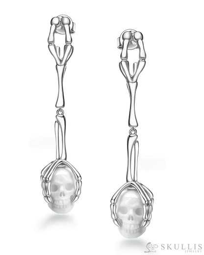 Gem Skull Earrings of White Jasper Carved Skull in 925 Sterling Silver Skull Earrings