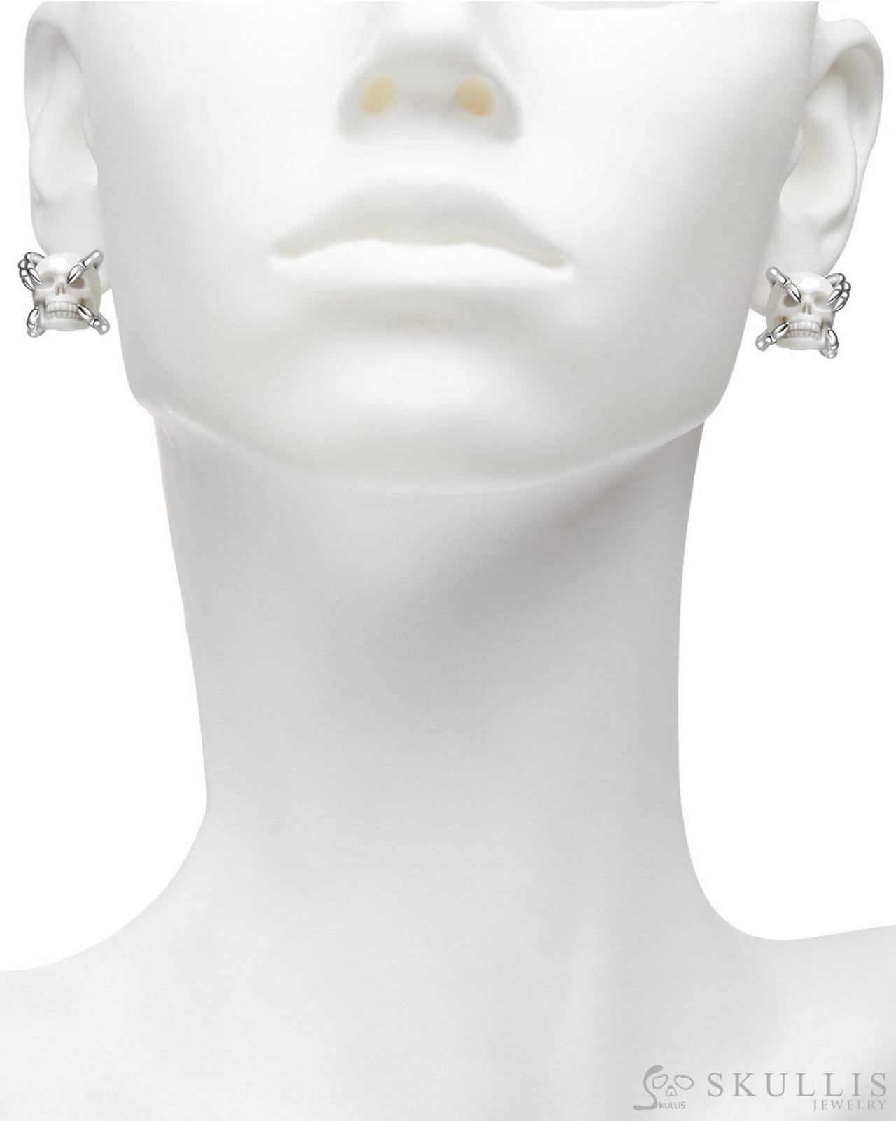 Gem Skull Earrings of White Jasper Carved Skull in 925 Sterling Silver Skull Earrings