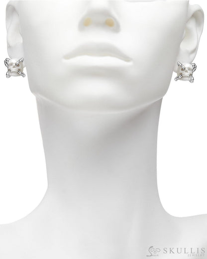 Gem Skull Earrings of White Jasper Carved Skull in 925 Sterling Silver Skull Earrings