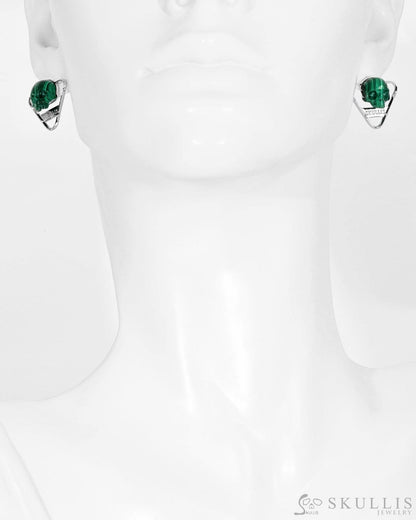 Skull Earrings Of Malachite Carved 925 Sterling Silver.