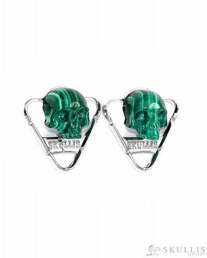 Skull Earrings Of Malachite Carved 925 Sterling Silver.