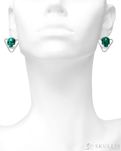 Skull Earrings of Malachite Carved Skull in 925 Sterling Silver Skull Earrings