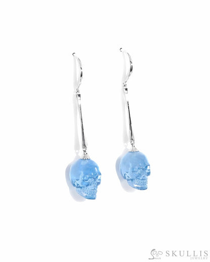 Skull Gem Earrings of Aquamarine Carved Skull 925 Sterling Silver Skull Earrings