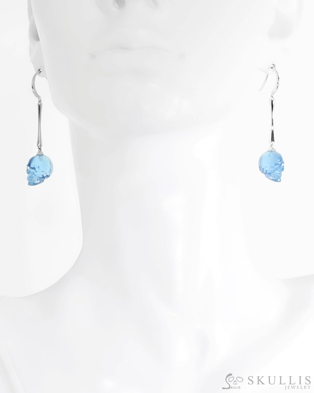 Skull Gem Earrings of Aquamarine Carved Skull 925 Sterling Silver Skull Earrings