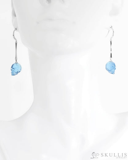 Skull Gem Earrings of Aquamarine Carved Skull 925 Sterling Silver Skull Earrings