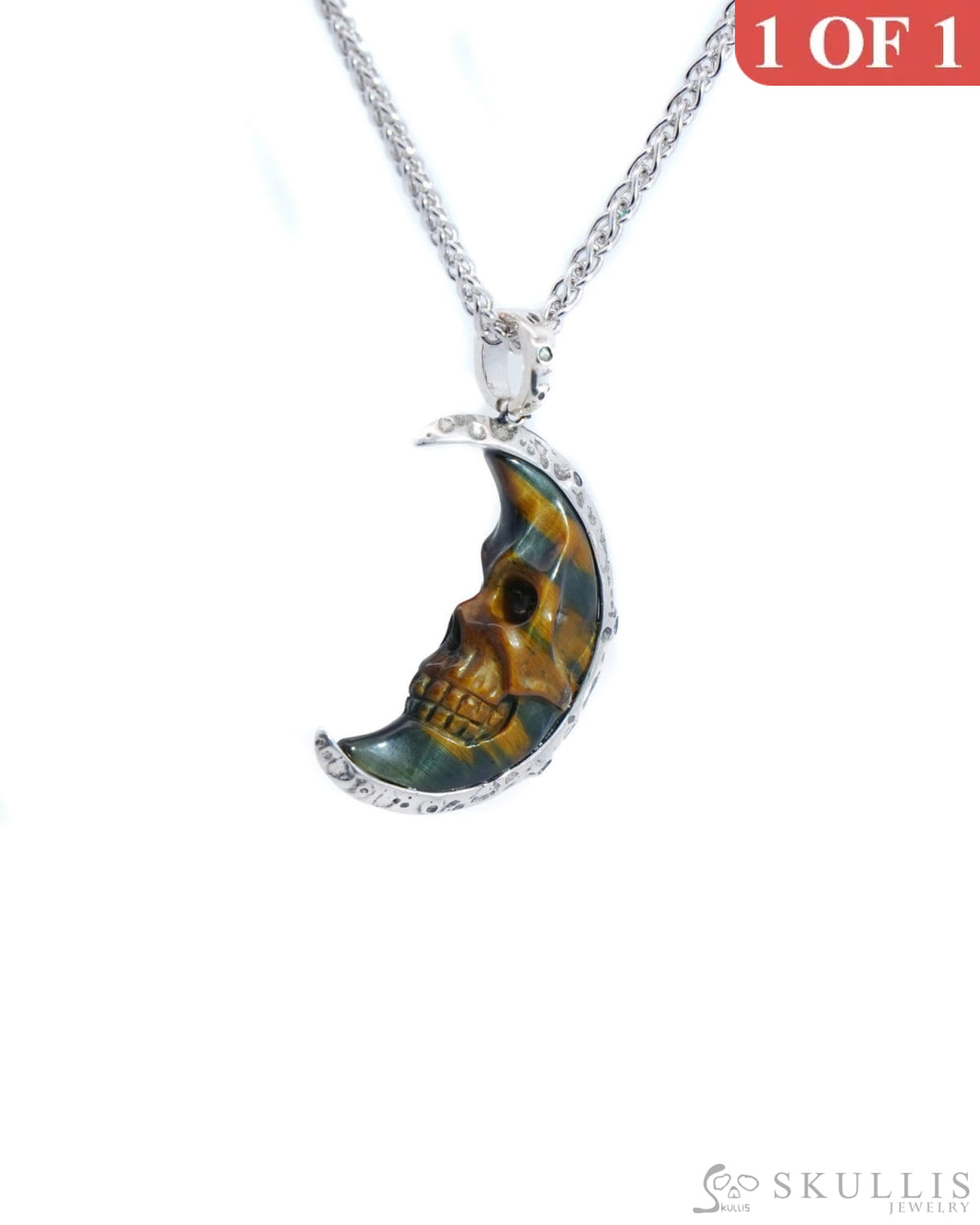 Skullis Signature Gold Tiger’s Eye Gem Skull Pendant Or Necklace Hand Carved Sterling Silver 925