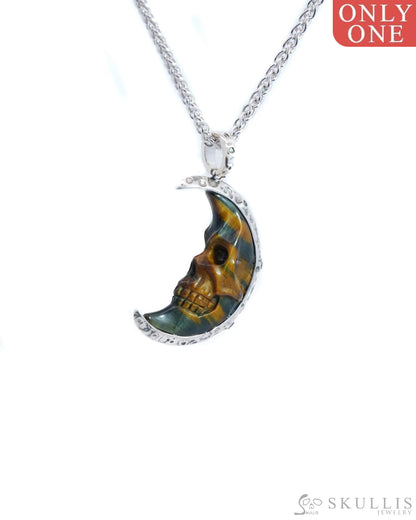 Skullis Signature Gold Tiger’s Eye Gem Skull Pendant Or Necklace Hand Carved Sterling Silver 925