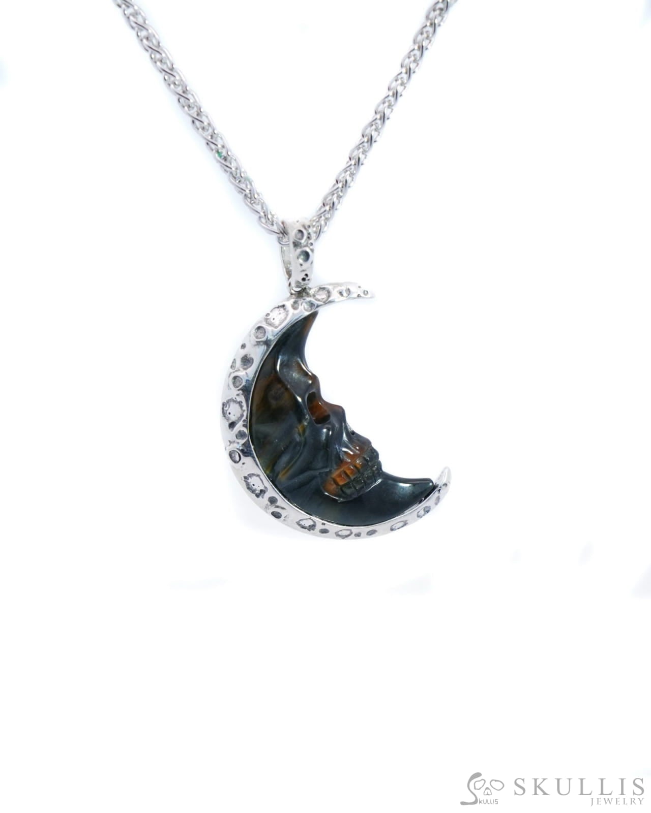 Skullis Signature Gold Tiger’s Eye Gem Skull Pendant Or Necklace Hand Carved Sterling Silver 925