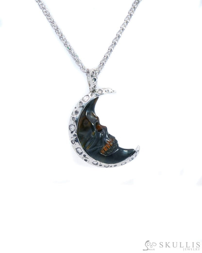 Skullis Signature Gold Tiger’s Eye Gem Skull Pendant Or Necklace Hand Carved Sterling Silver 925