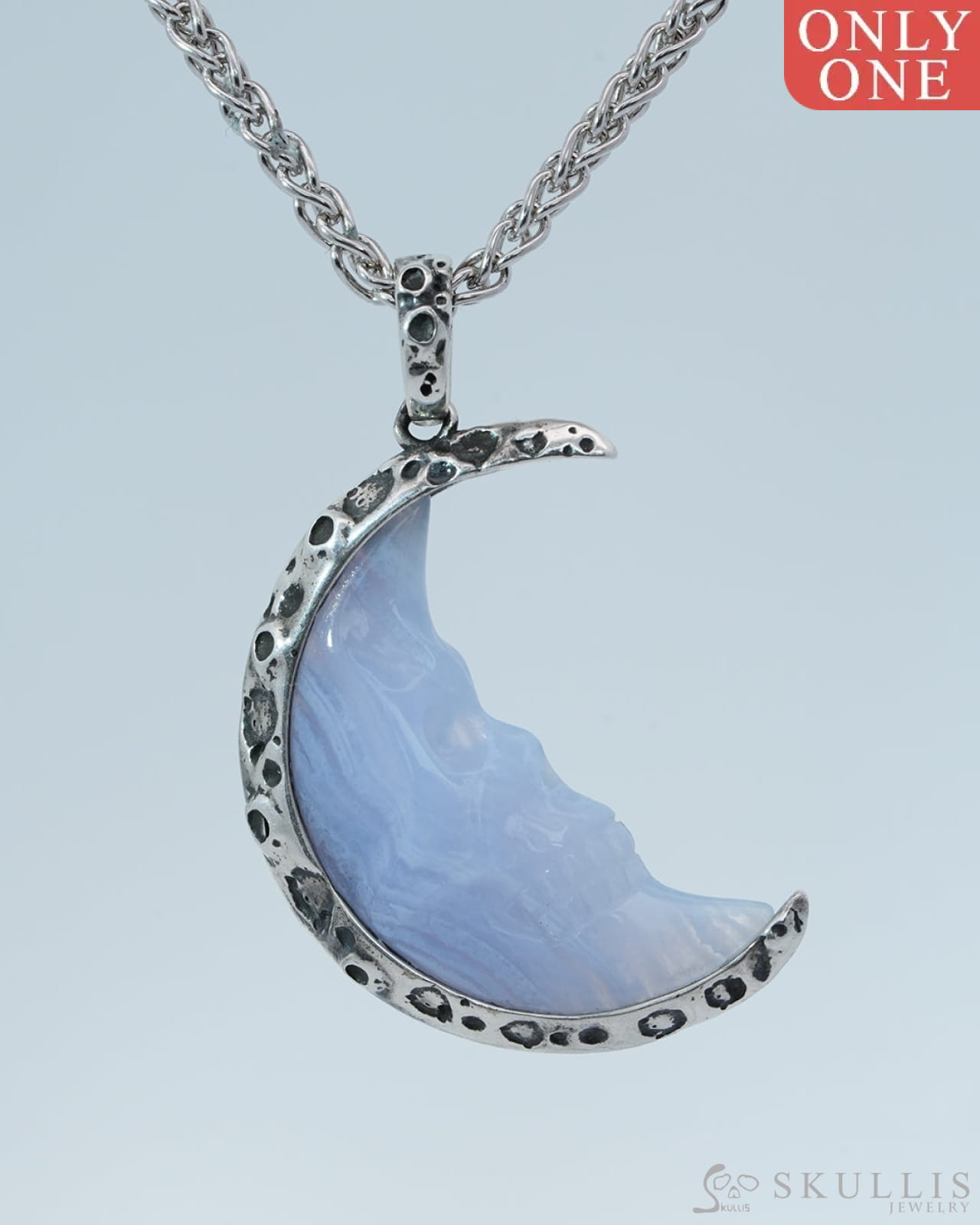 Gem Skull Pendant Necklace of Blue Lace Agate Carved Moon Skull in 925 Sterling Silver - 9800191 Skull Pendants