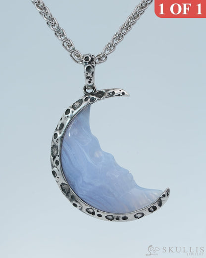 Gem Skull Pendant Necklace of Blue Lace Agate Carved Moon Skull in 925 Sterling Silver - 9800191 Skull Pendants
