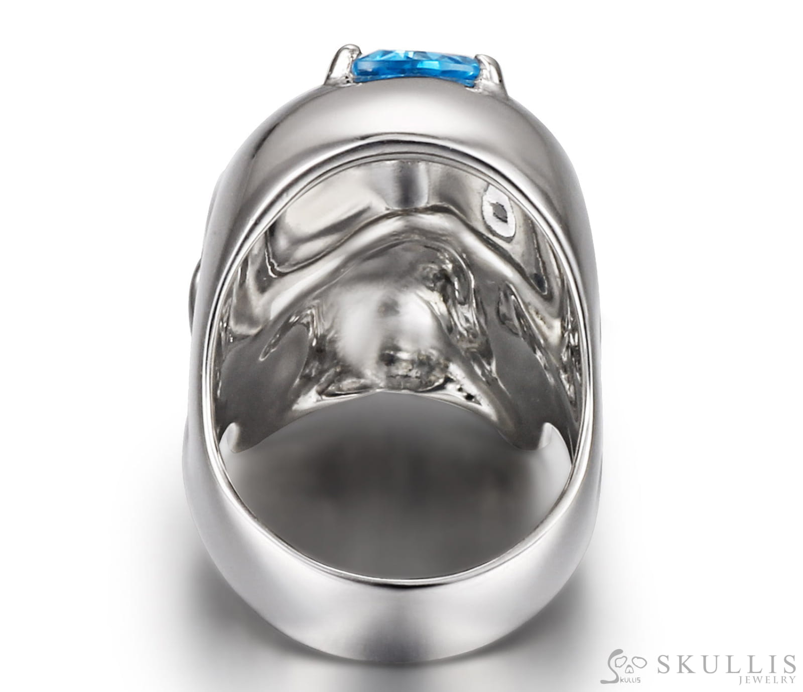 Gem Skull Ring Of Rhodium Plated 925 Sterling Silver Carved Skull With Sky Blue Topaz Eye