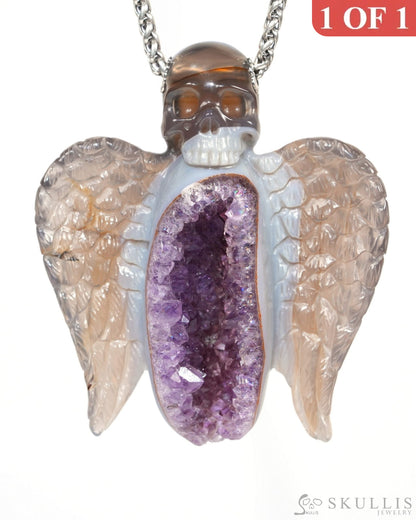 Skullis Agate Amethyst Geode Gem Wing Skull Pendant or Necklace Hand Carved for Women & Men - 9900039 Skull Pendants