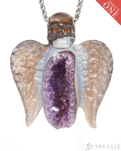 Skullis Agate Amethyst Geode Gem Wing Skull Pendant or Necklace Hand Carved for Women & Men - 9900039 Skull Pendants