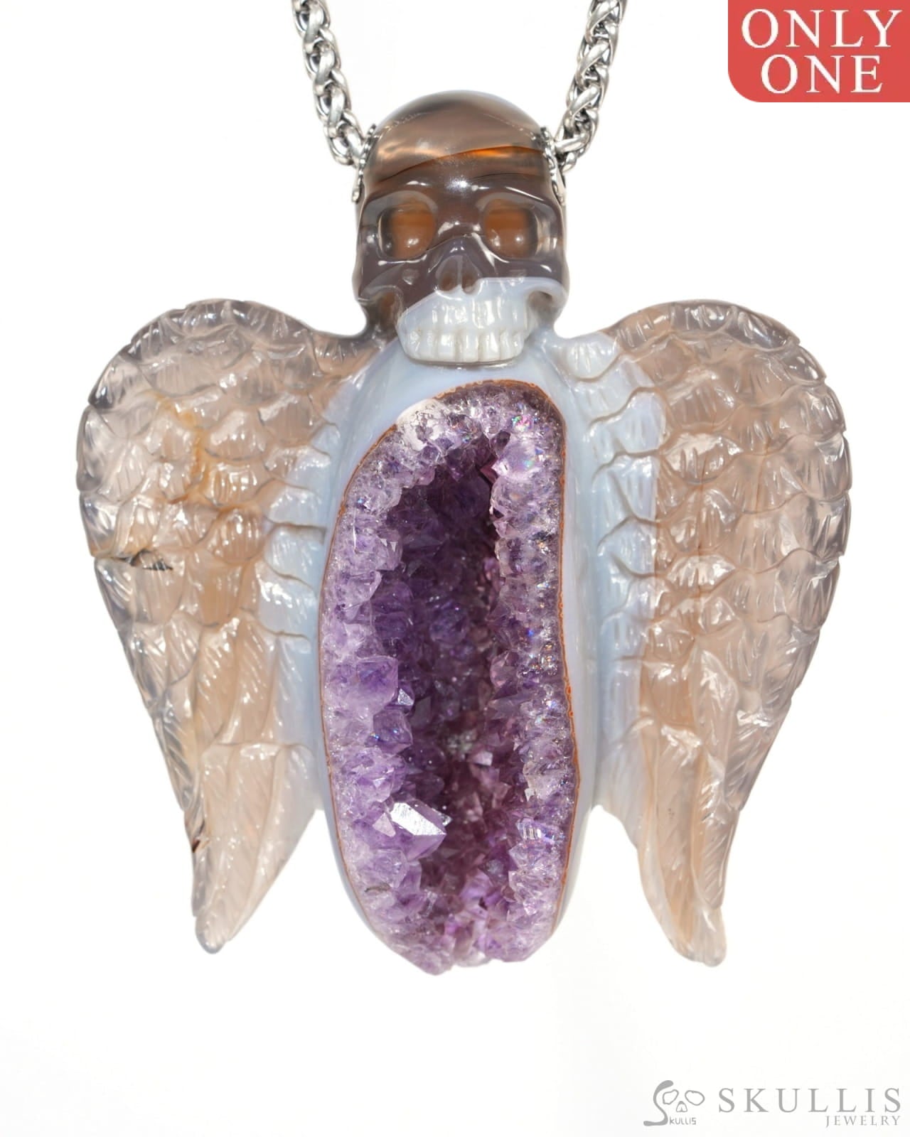 Skullis Agate Amethyst Geode Gem Wing Skull Pendant or Necklace Hand Carved for Women & Men - 9900039 Skull Pendants