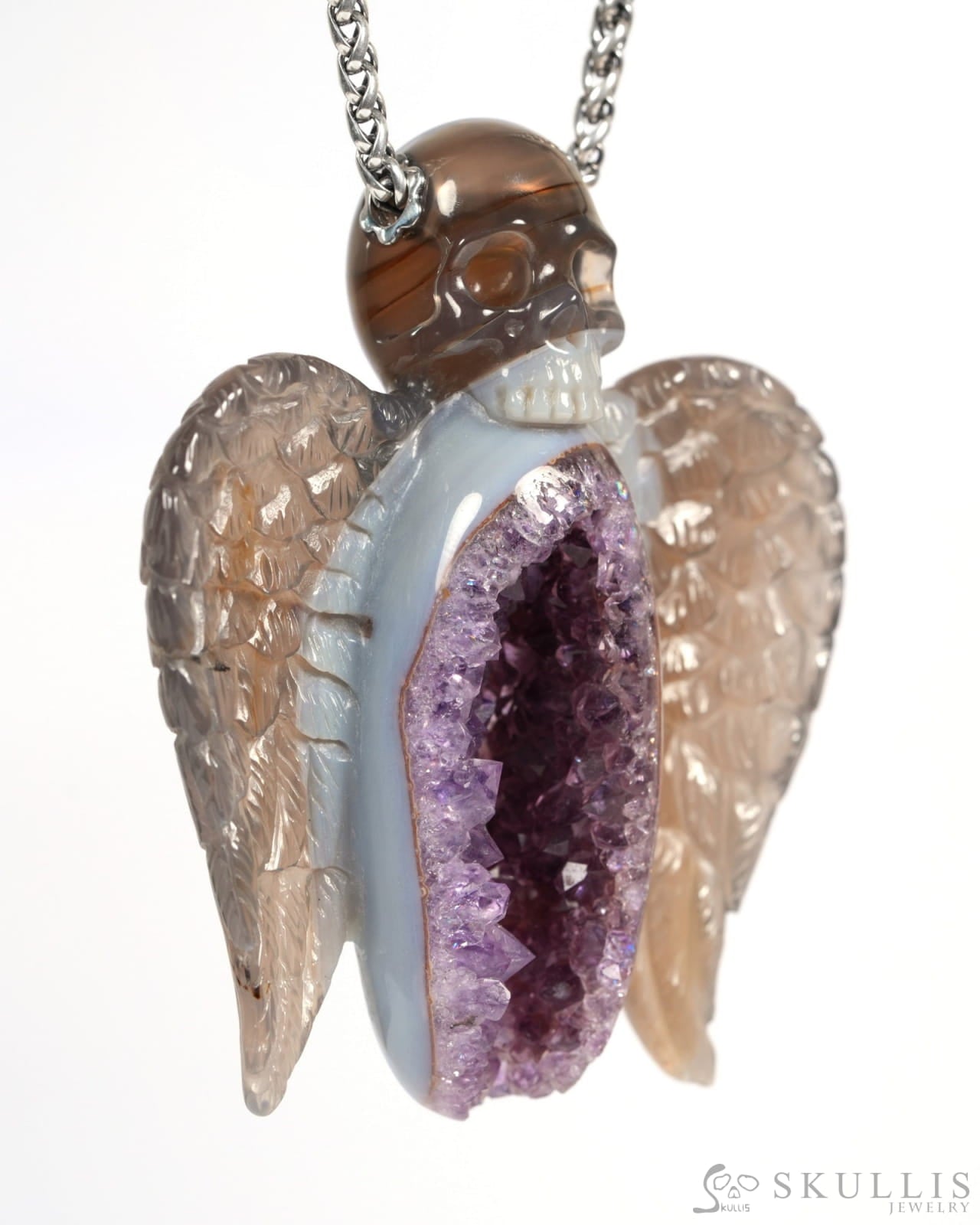 Skullis Agate Amethyst Geode Gem Wing Skull Pendant or Necklace Hand Carved for Women & Men - 9900039 Skull Pendants