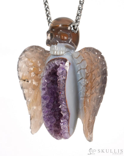 Skullis Agate Amethyst Geode Gem Wing Skull Pendant or Necklace Hand Carved for Women & Men - 9900039 Skull Pendants