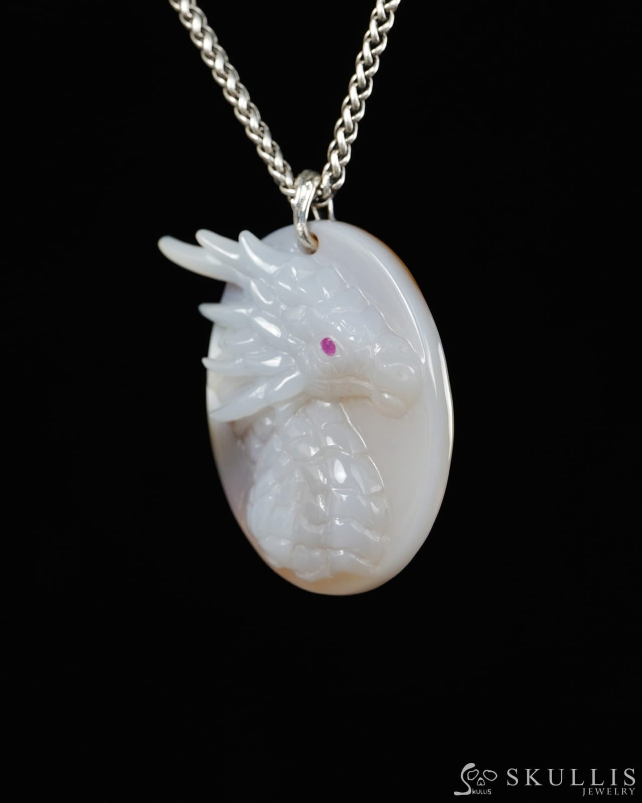 Skullis Agate Dragon with Ruby Eyes Pendant or Necklace Hand Carved for Women & Men - 9900519 - Skull Pendants