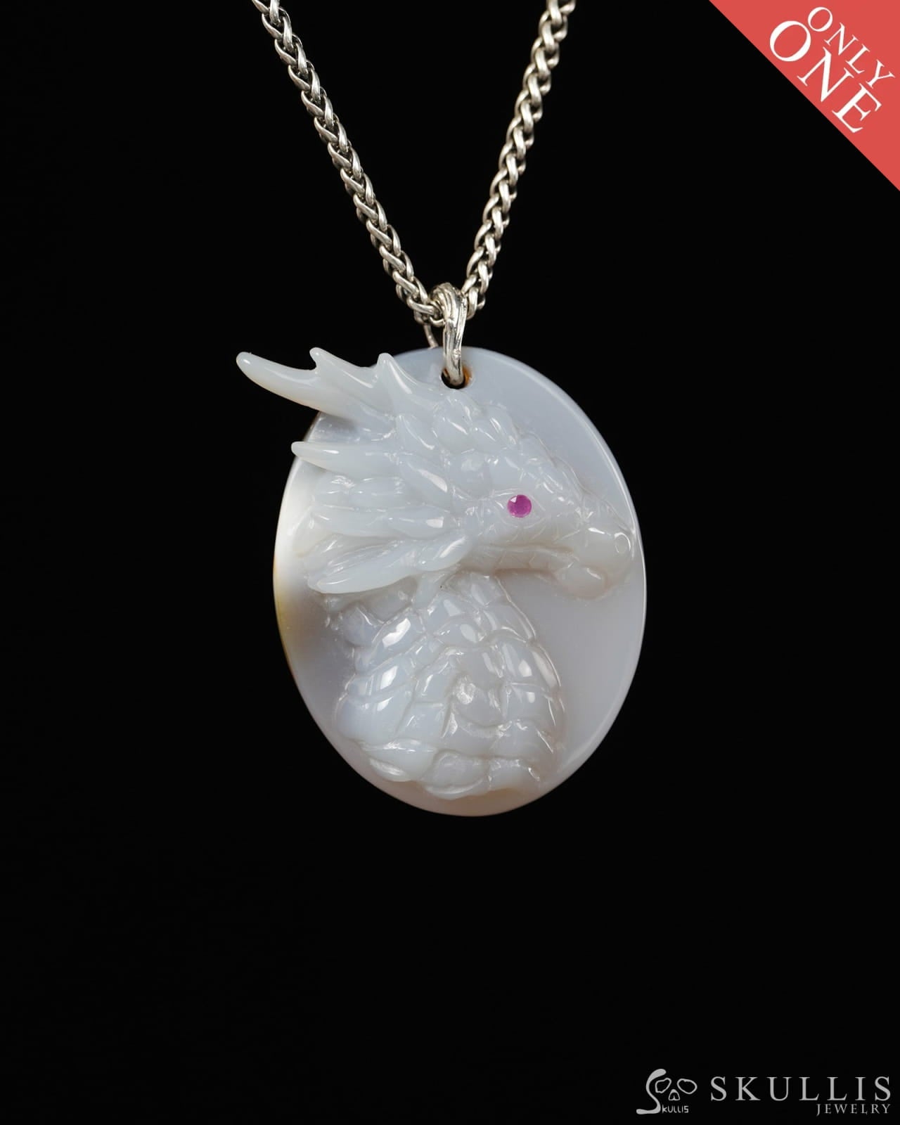 Skullis Agate Dragon with Ruby Eyes Pendant or Necklace Hand Carved for Women & Men - 9900519 - Skull Pendants