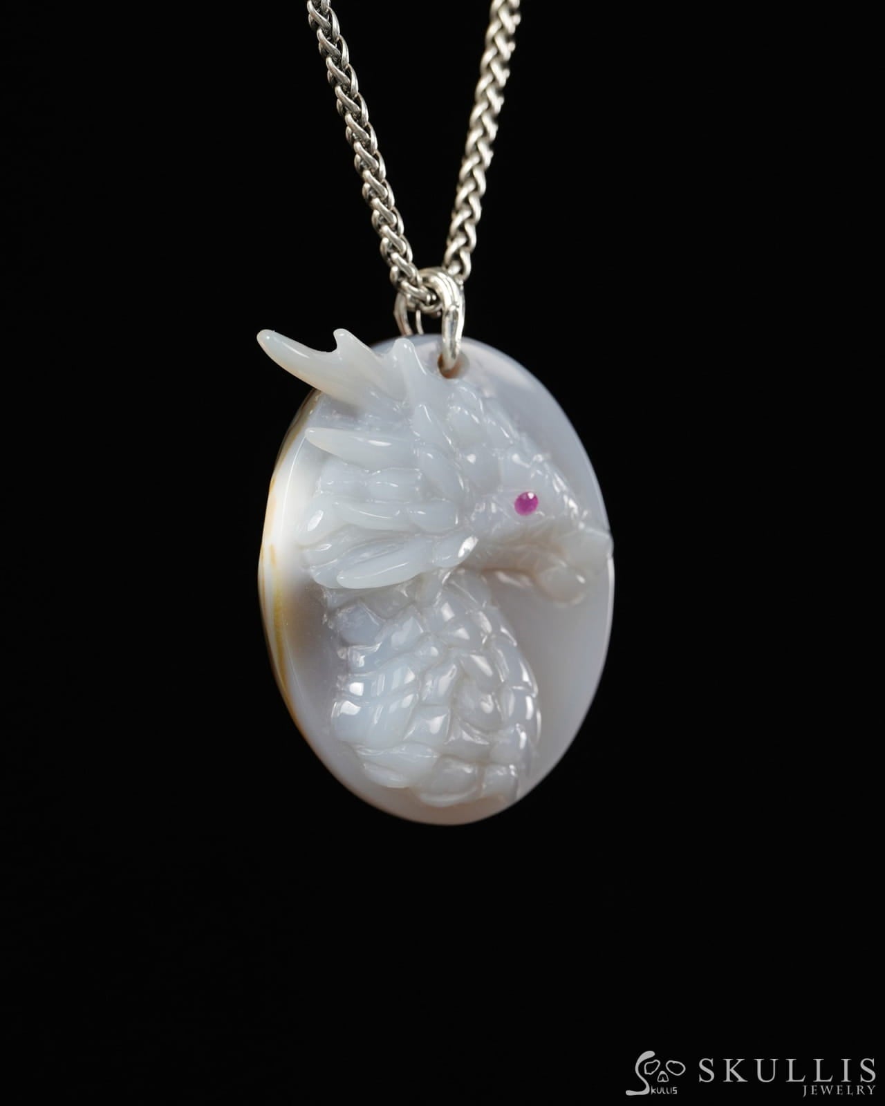 Skullis Agate Dragon with Ruby Eyes Pendant or Necklace Hand Carved for Women & Men - 9900519 - Skull Pendants