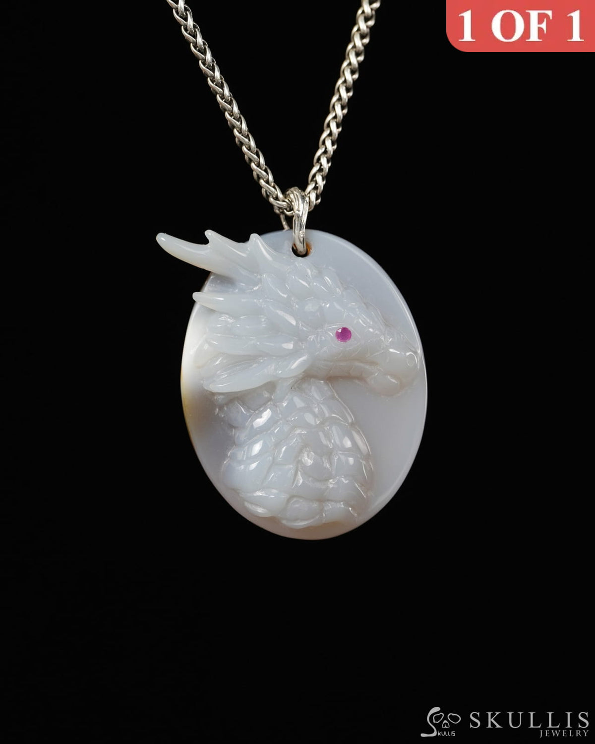 Skullis Agate Dragon with Ruby Eyes Pendant or Necklace Hand Carved for Women & Men - 9900519 - Skull Pendants