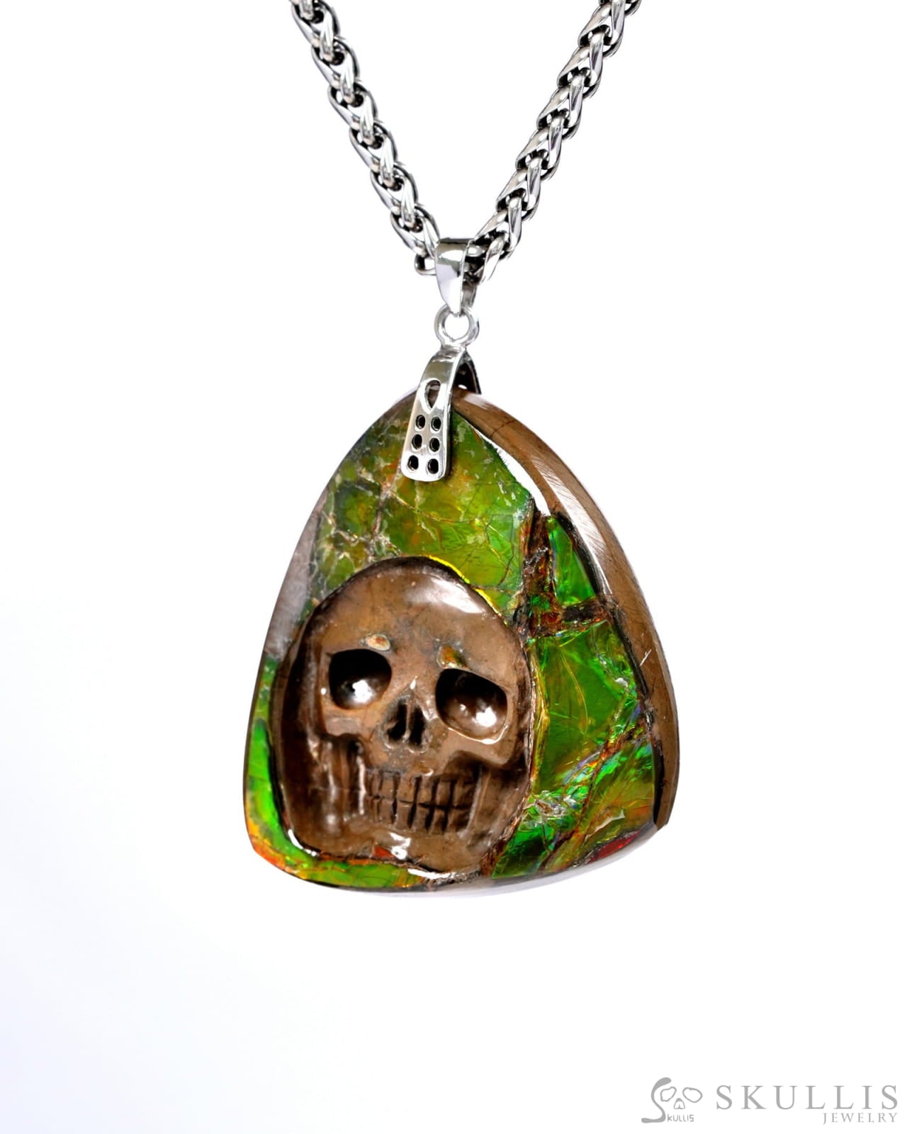 Skullis Signature Spiderweb Ammolite Gem Skull Pendant or Necklace Hand Carved Sterling Silver 925 Chain for Women &