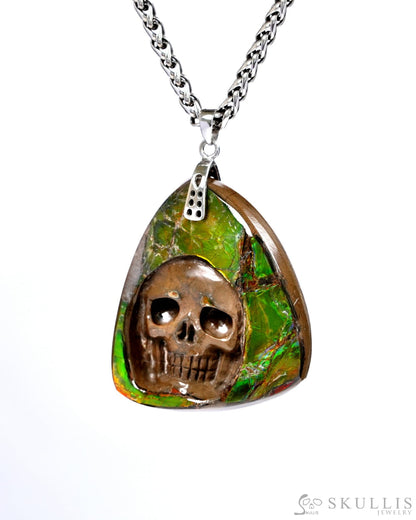 Skullis Signature Spiderweb Ammolite Gem Skull Pendant or Necklace Hand Carved Sterling Silver 925 Chain for Women &